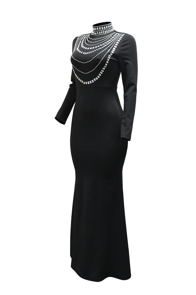 Long Sleeve Diamond Fishtail Bandage Maxi Dress