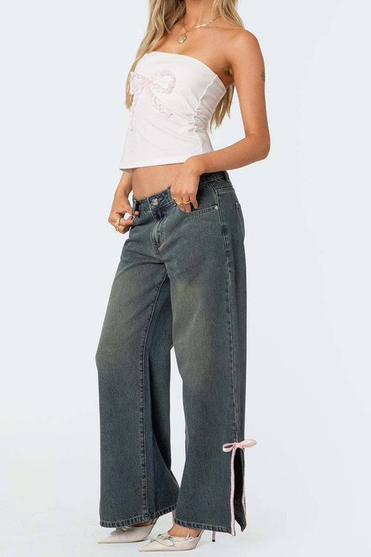 Washed Bow Slit Wide Leg Denim Pants