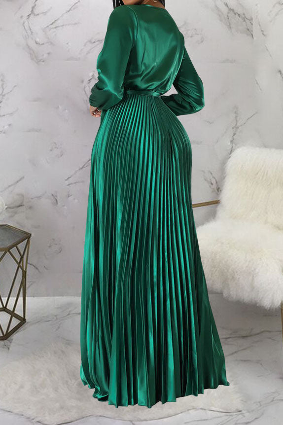 Faux Silk Pleated Tie-Waist Maxi Dress