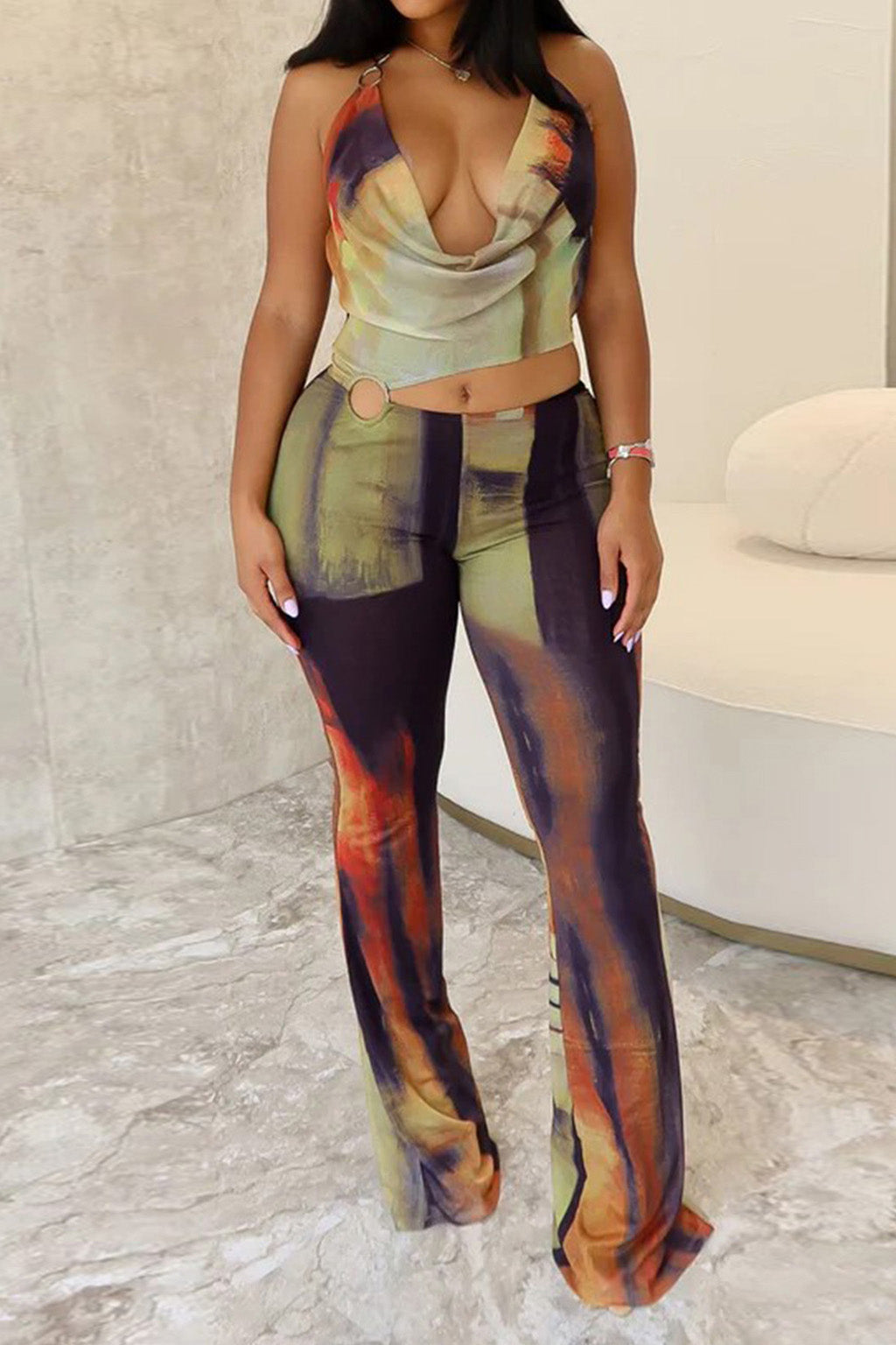 Cowl Neck Cutout Flared Jumpsuit