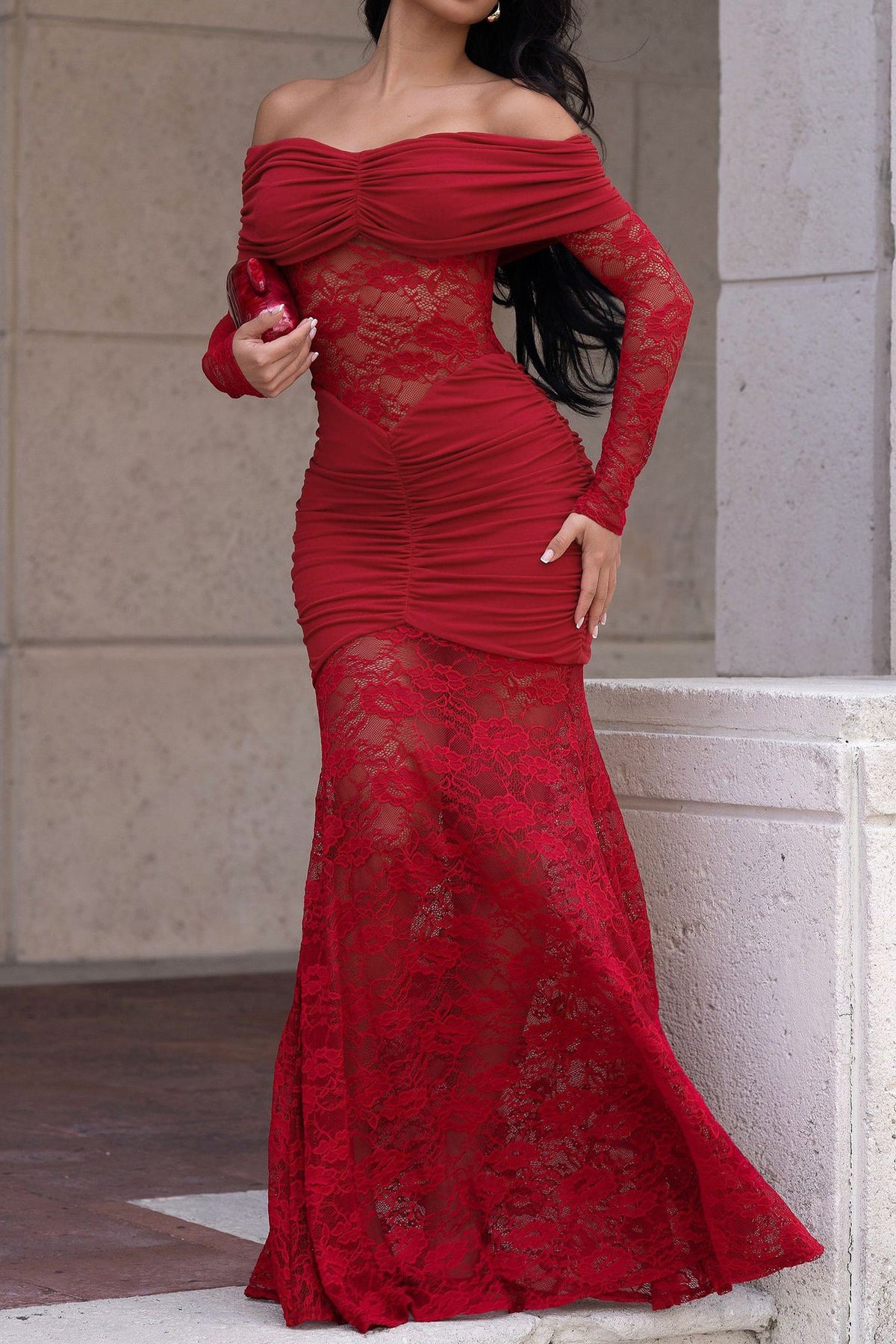 Off-Shoulder Ruched Lace Maxi Dress
