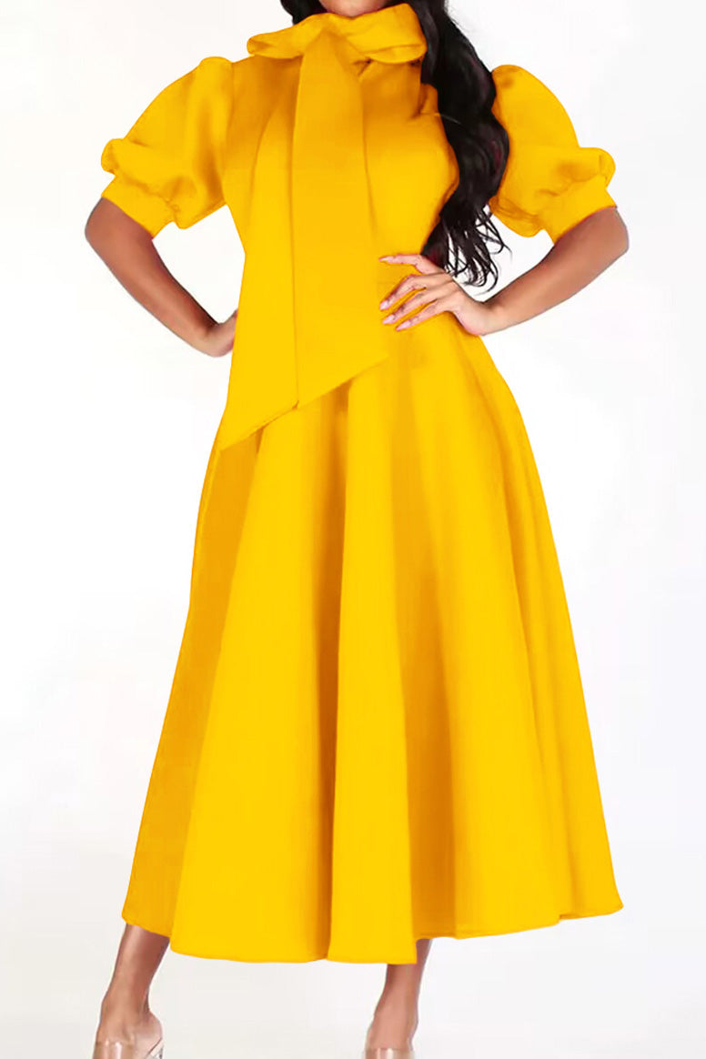 Elegant Tie-Neck Puff Sleeve A-Line Dress