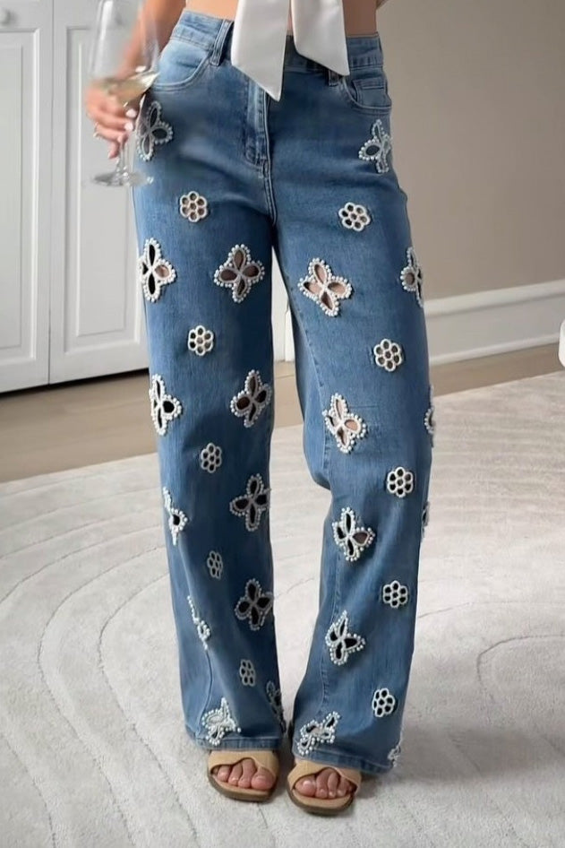 Pearl Embellished Floral Cutout Jeans