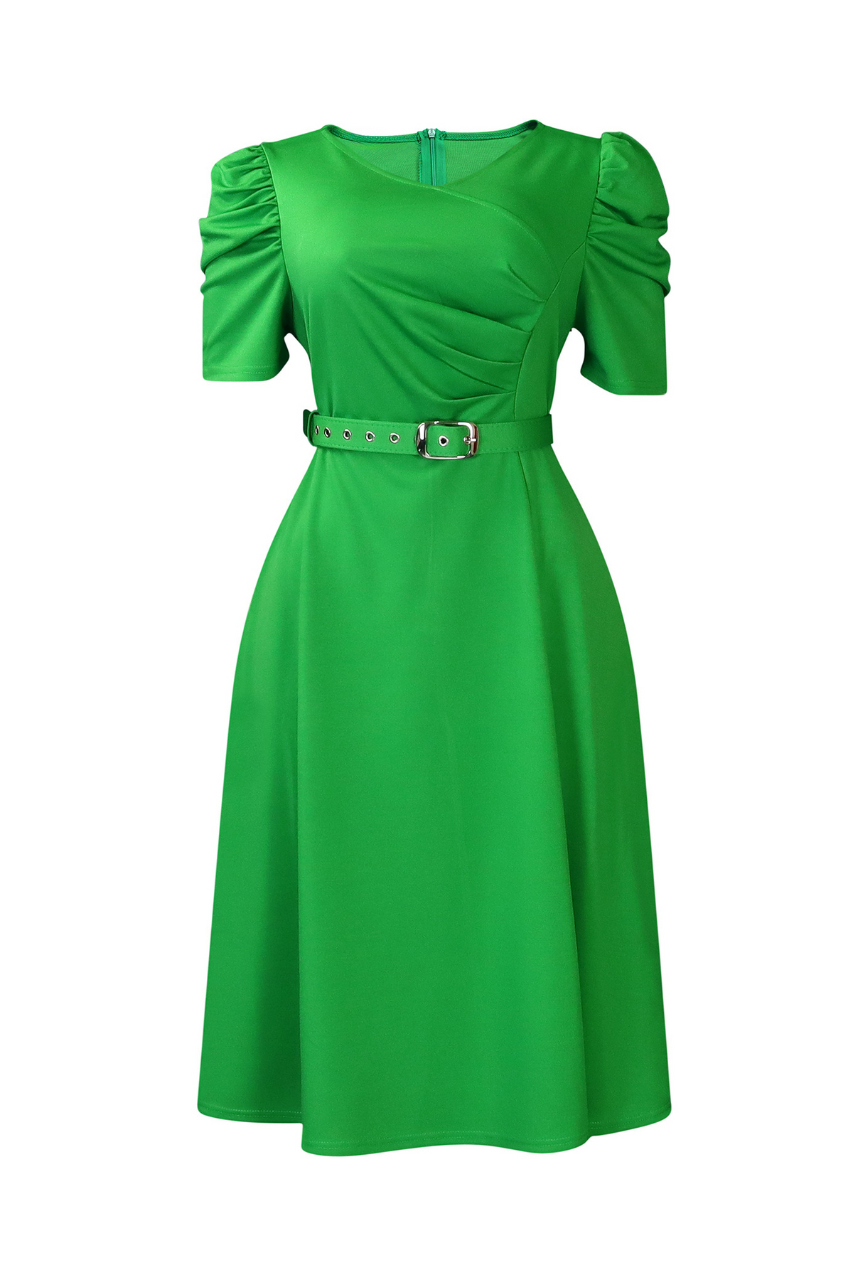 V Neck Short Puff Sleeves High Waist Midi Dress