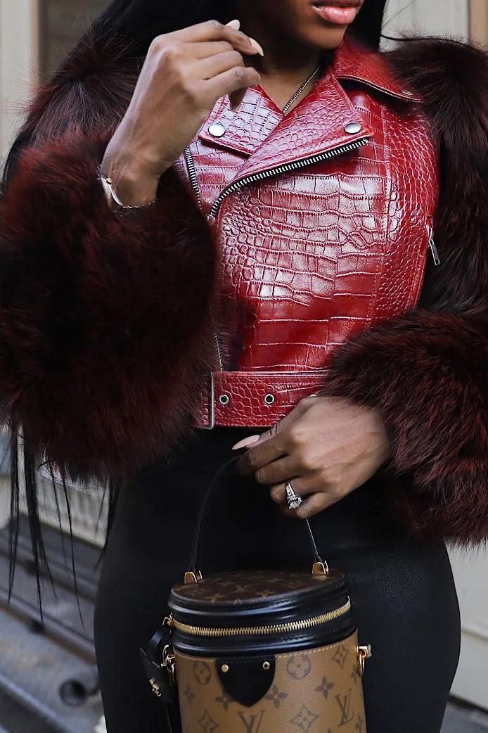 Faux Fur Trim Faux Leather Jacket