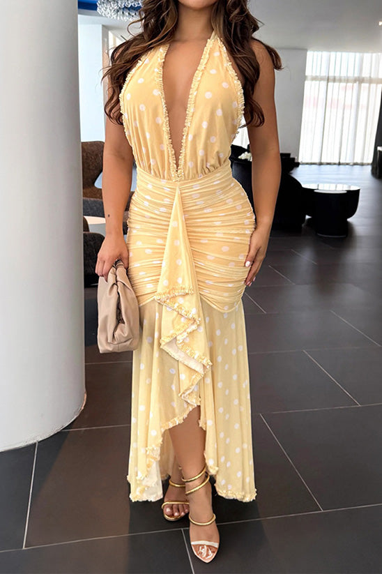 Plunging Halter Ruched Ruffle Maxi Dress