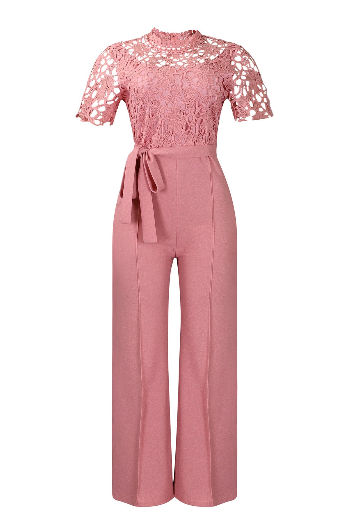 Lace Hollow Out Tie Waist Wide Leg Jumpsuit