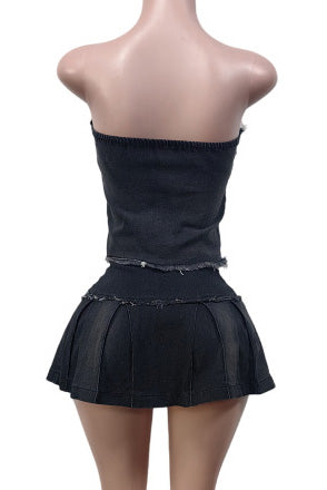 Denim Strapless Pleated Embroidered Skirt Set