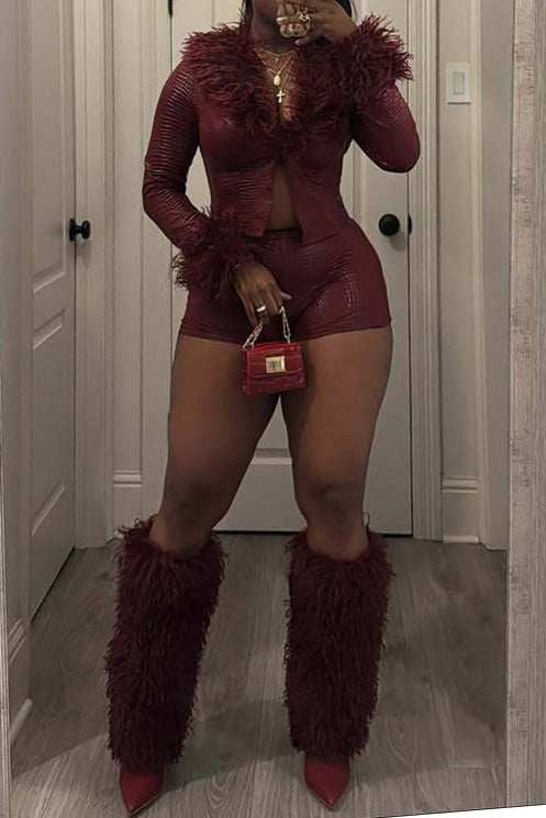 Snake Texture Faux Leather Long Sleeve Shorts Set