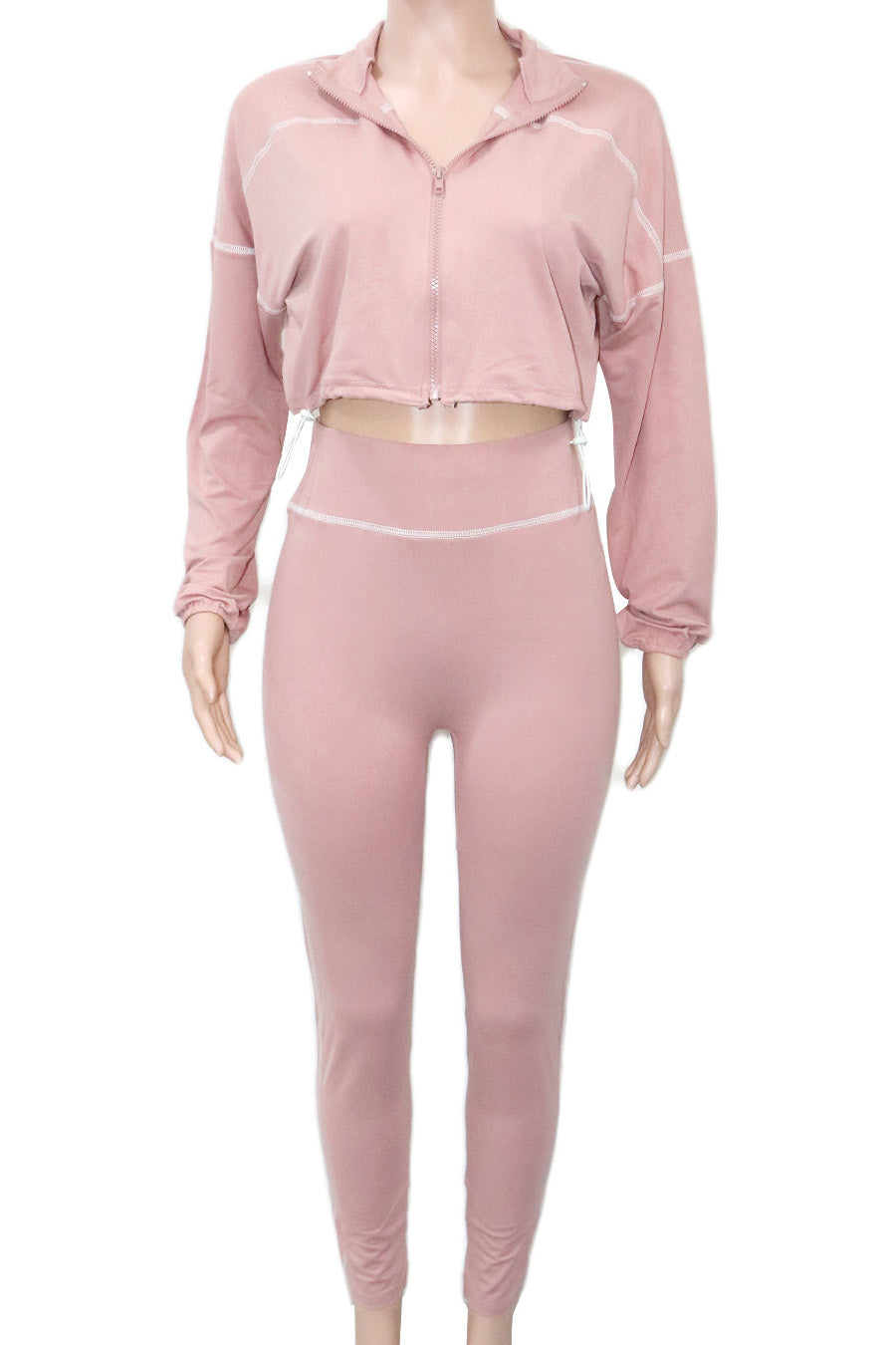 Solid Color Long Sleeve Zip-Up Top & Pants Set