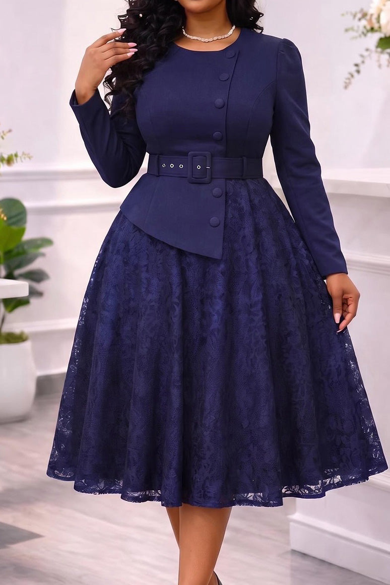 Belted Jacket Lace A Line Midi Dress