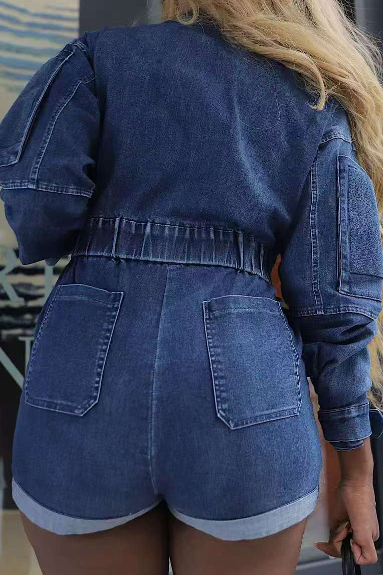 Washed Denim Long Sleeve Romper