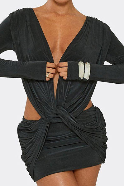 Twist-Front Cutout Long-Sleeve Mini Dress