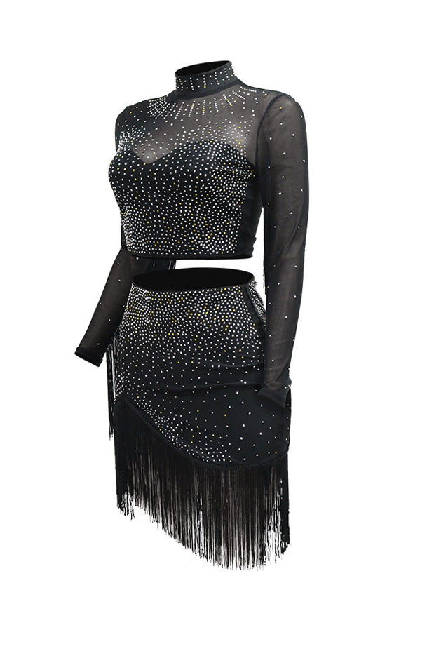 Rhinestone Mesh Fringe Skirt Set