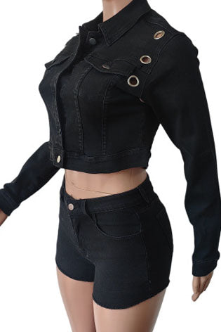 Eyelet Cropped Denim Jacket & Shorts Set