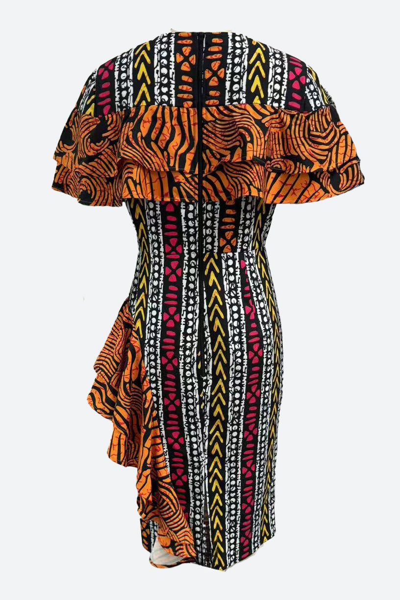Print Contrast Ruffle Back-Vent Dress