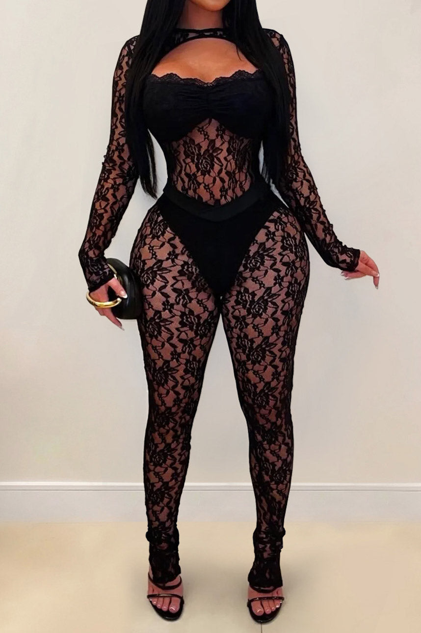 Sheer Lace Long-Sleeve Cutout Jumpsuit