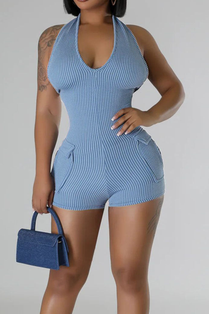 Halter Neck Pocket Slim-Fit Backless Rompers