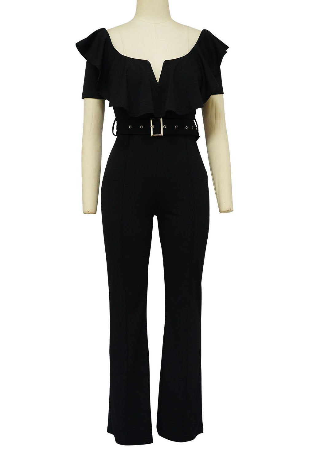 Plunging Ruffle Off-The-Shoulder Belted Flared Jumpsuit