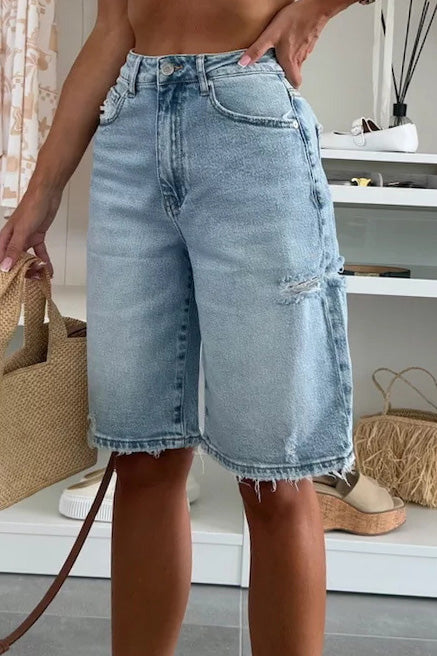 High-Waisted Raw Hem Denim Bermuda Shorts