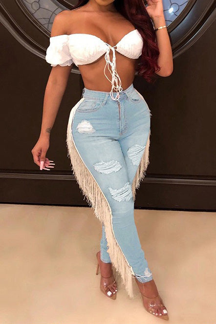 High-Rise Fringe Trim Distressed Skinny Jeans