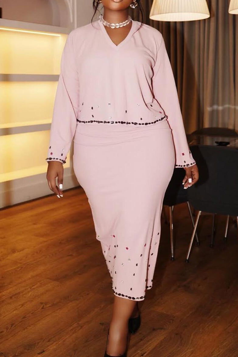 Elegant V-Neck Beaded Bodycon Dress Set