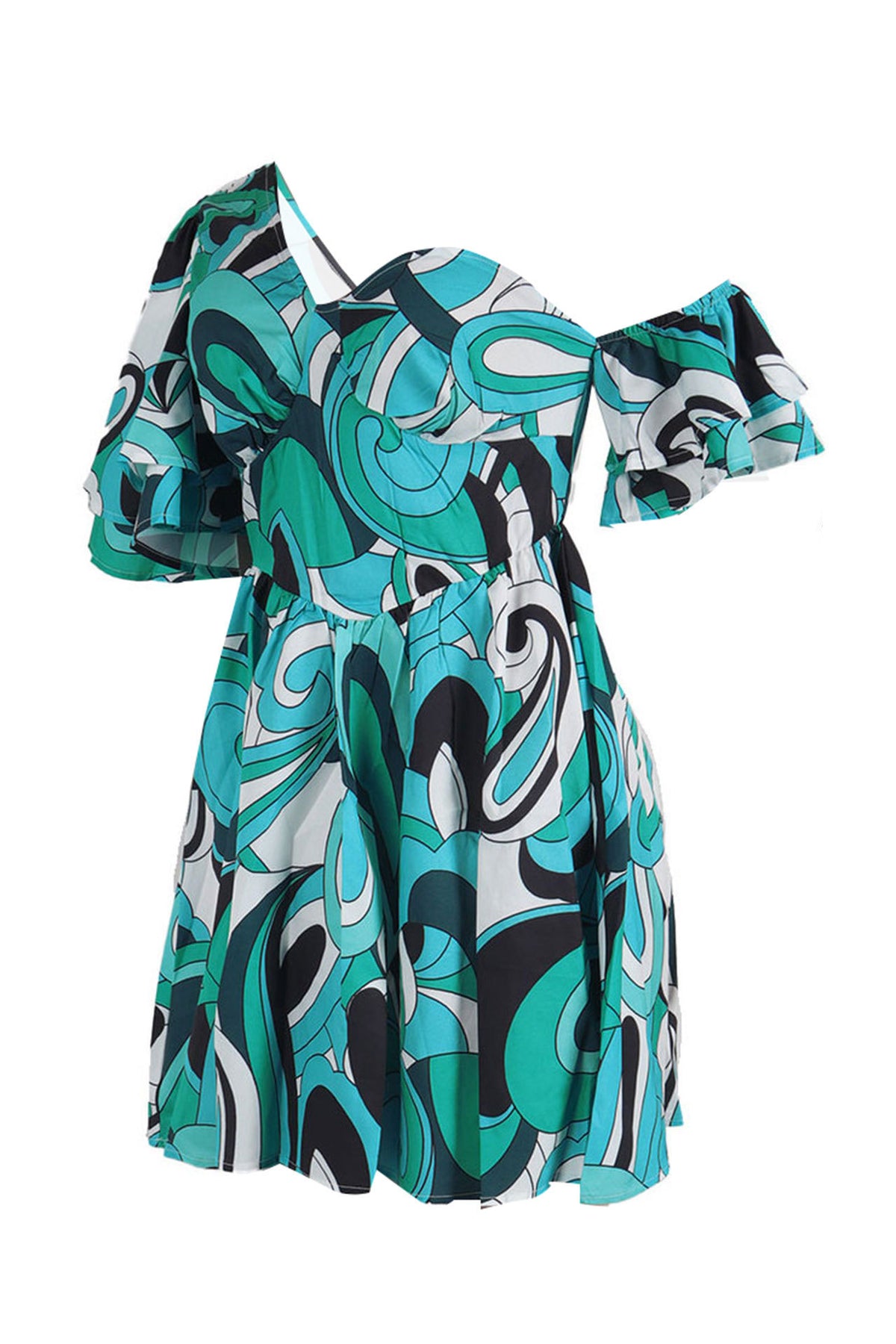 Asymmetrical Ruffle Sleeve Waist Slim Dress