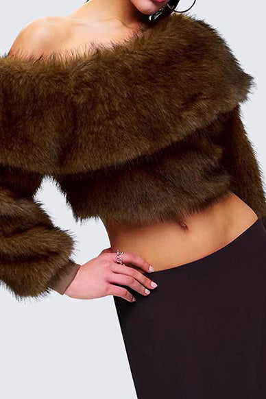 Brown Faux Fur Off Shoulder Top