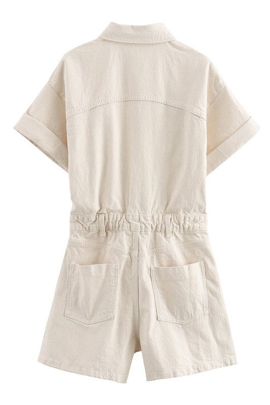 Denim Short Sleeve Romper with Pockets