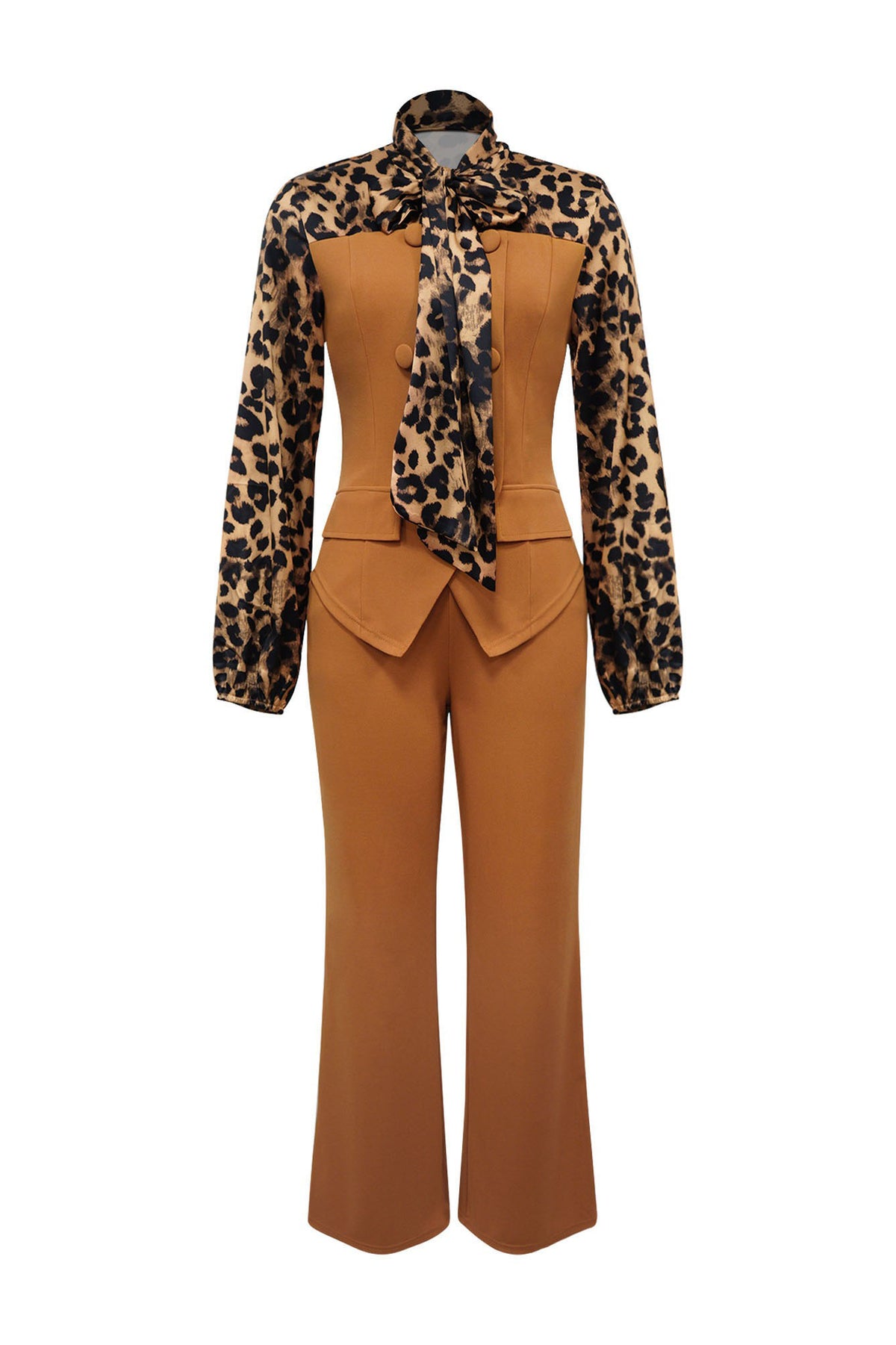 Leopard Print Tie-Neck Tailored Top & Wide Leg Pant Set