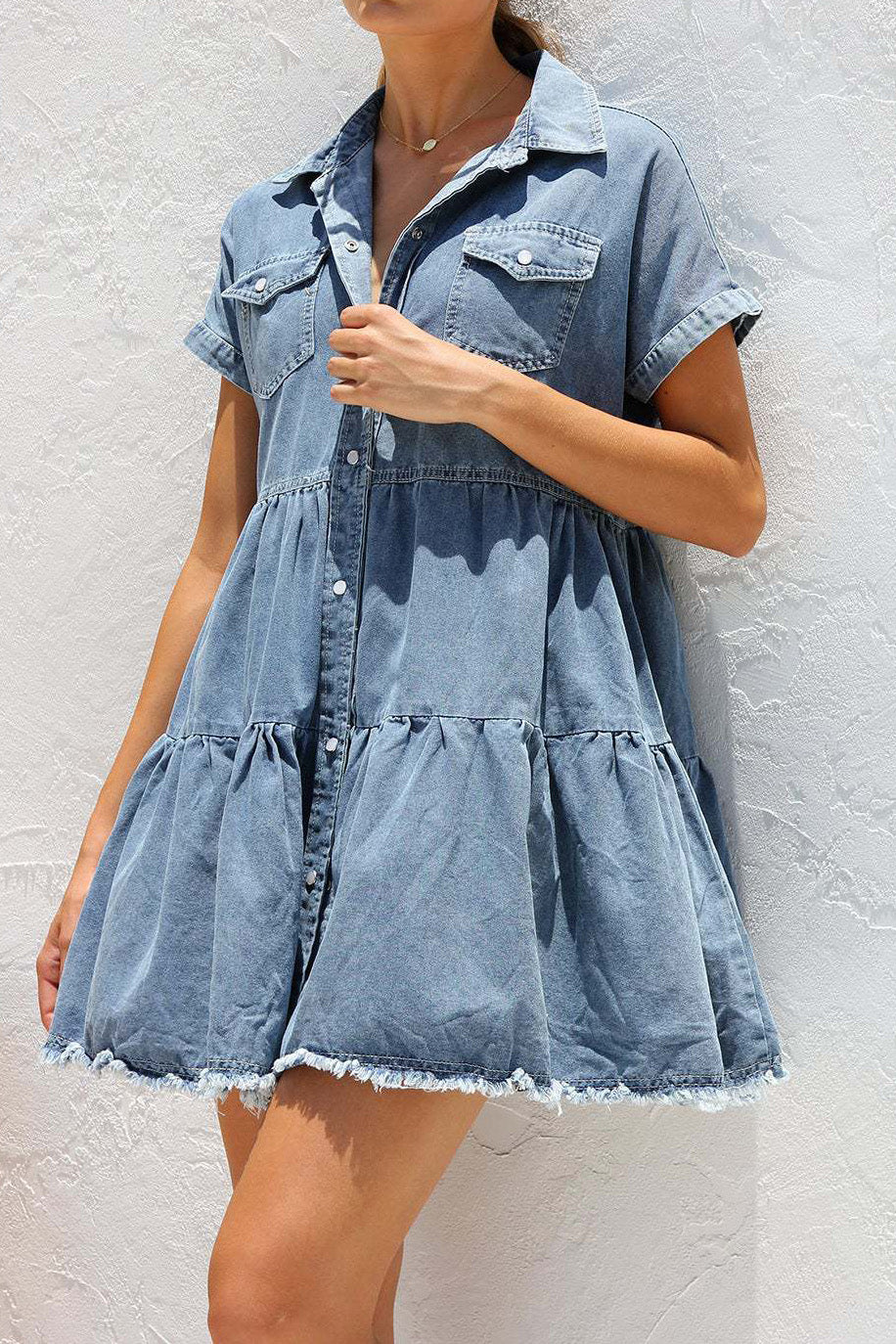 Raw Hem Short Sleeve Denim Dress