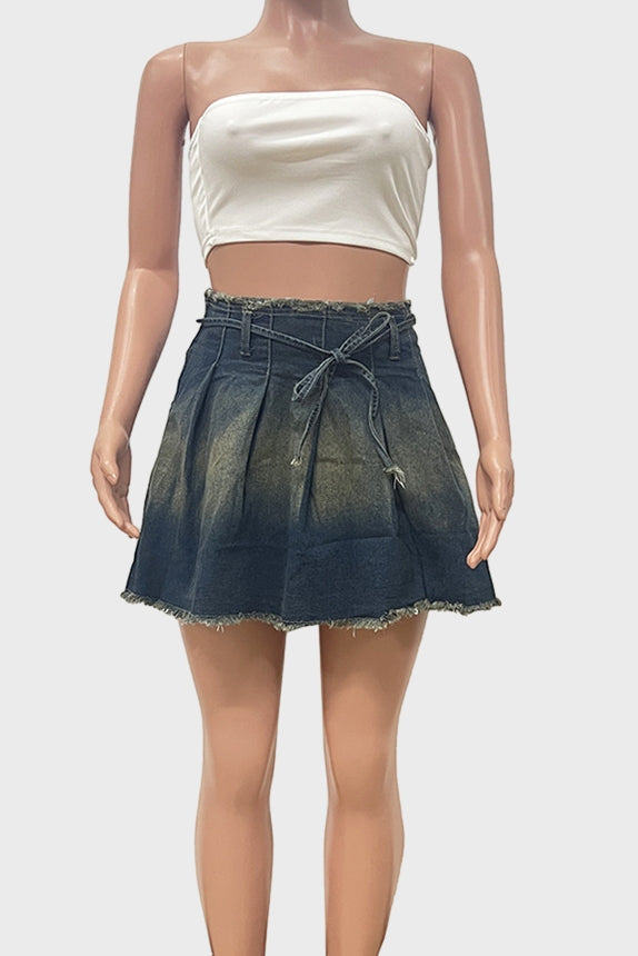 Pleated Denim Mini Skirt