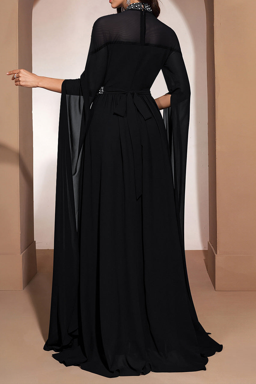 Embellished High-Neck Cape-Sleeve Maxi Dress