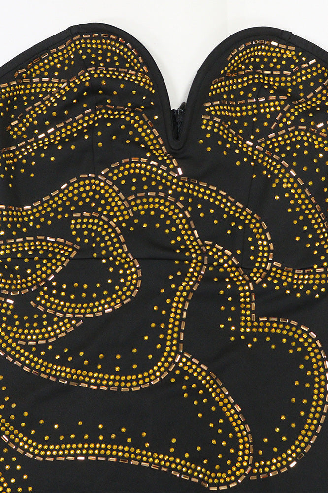 Strapless Rhinestone Bodycon Midi Dress