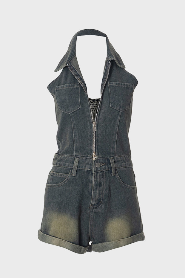 Sleeveless Denim Halter V Neck Backless Romper