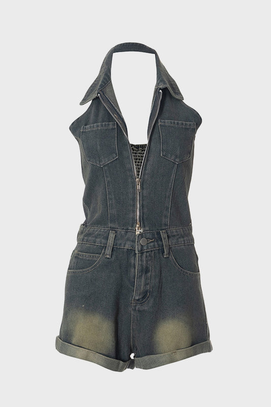 Sleeveless Denim Halter V Neck Backless Romper