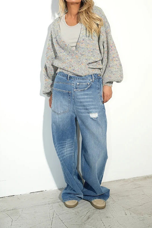 Distressed Patch Pocket Wide Leg Jeans