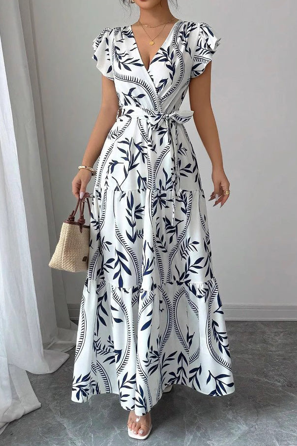 Floral Ruffle V-Neck Slim Maxi Dress