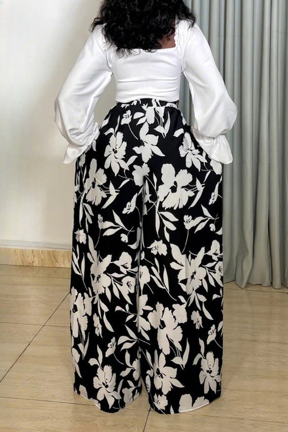Long Sleeve Top and Printed Wide Leg Pants Set