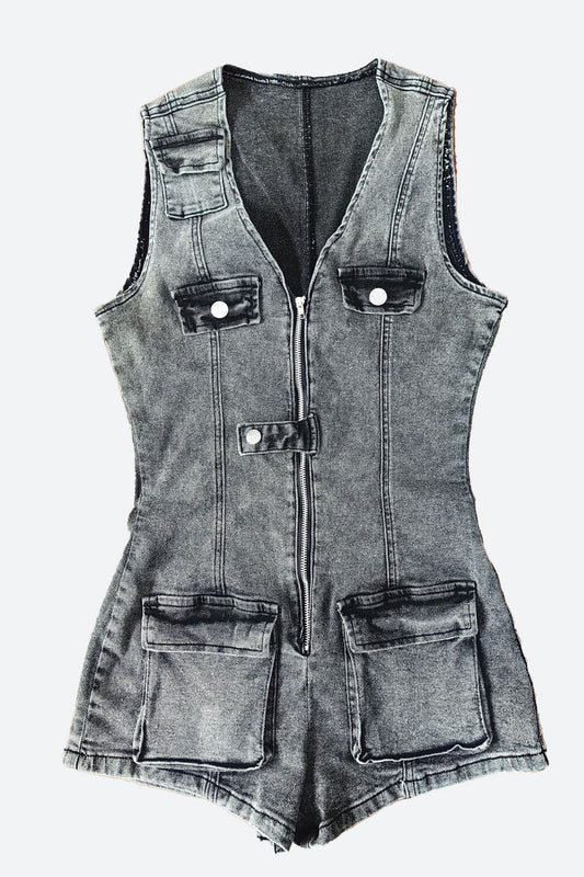 Waist-Cinched Denim Rompers