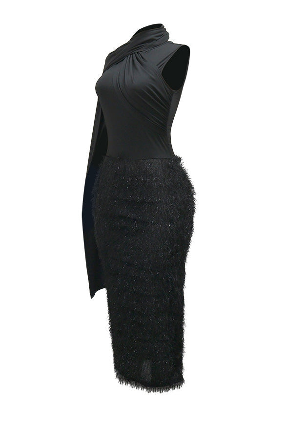 Sleeveless Round Neck Fuzzy Panel Maxi Dress