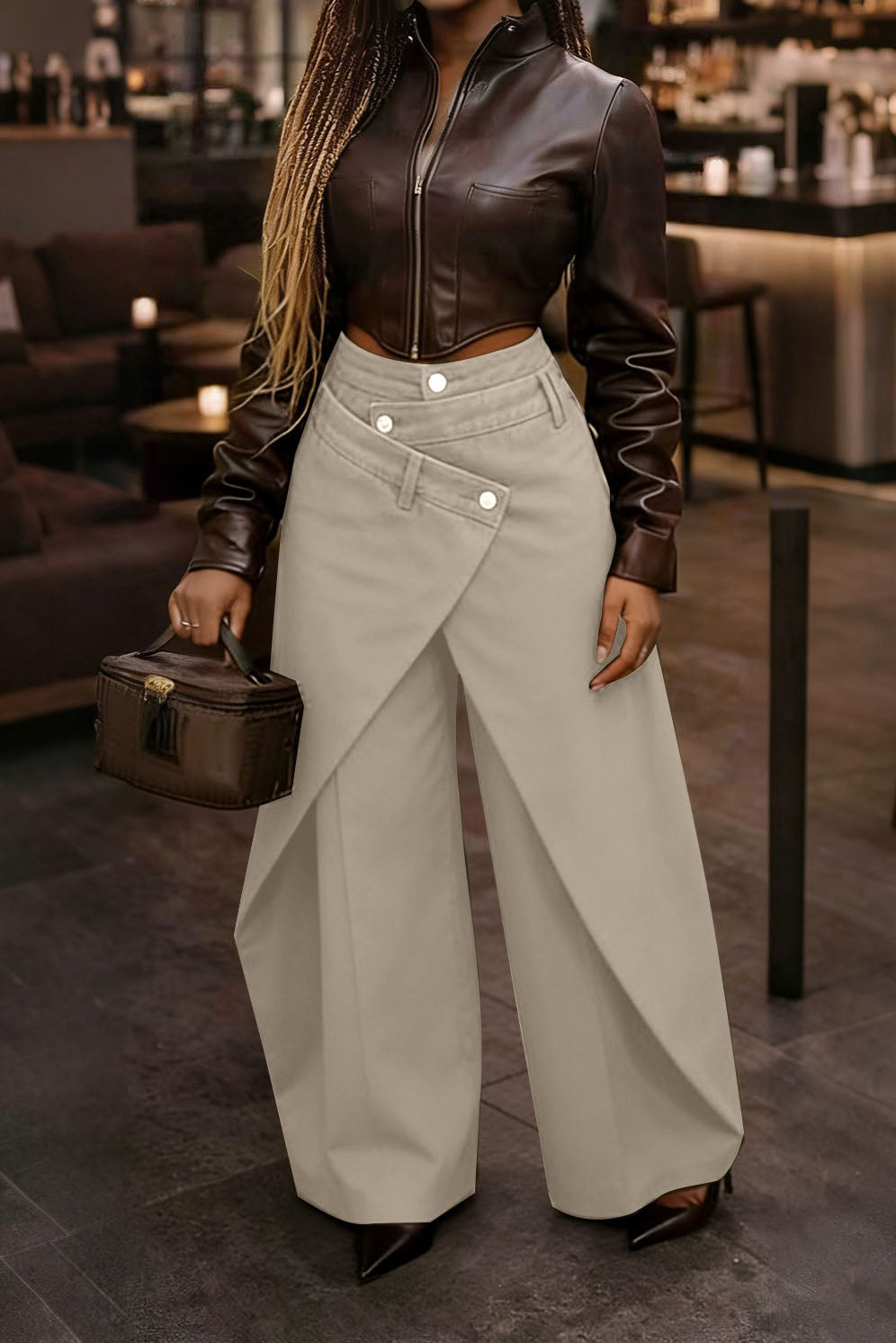 High-Waist Asymmetric Wrap Wide Leg Pants