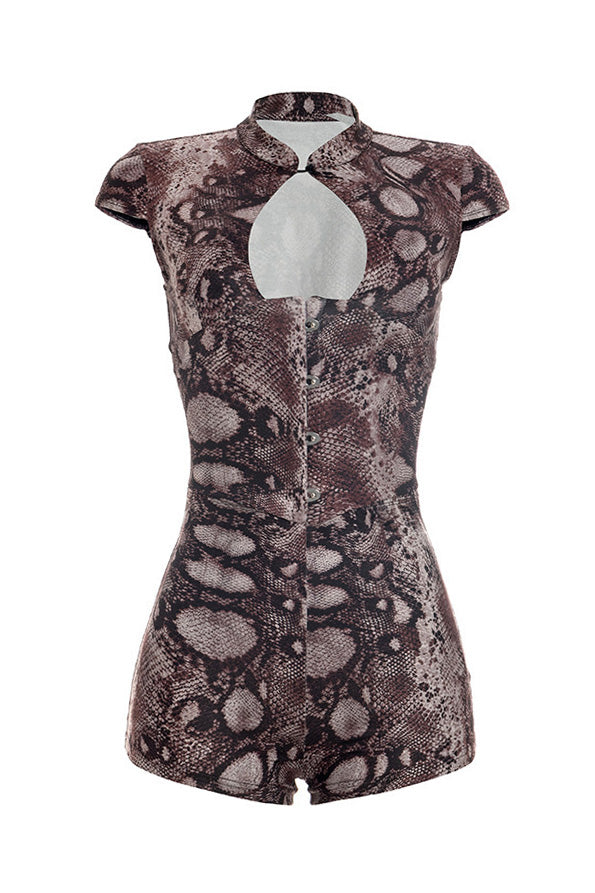 Snake Print Button-Front Bodycon Romper