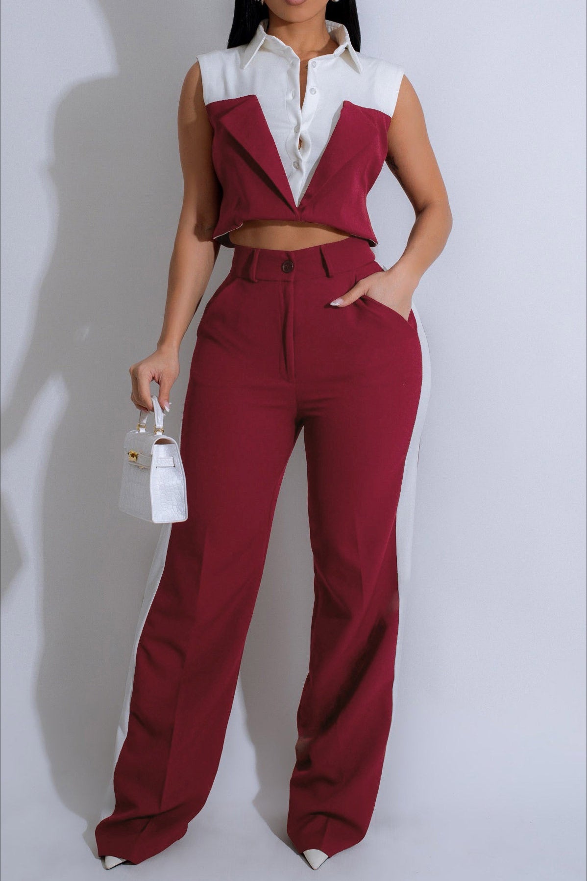 Patchwork Button Tie Back Top And Trousers Set