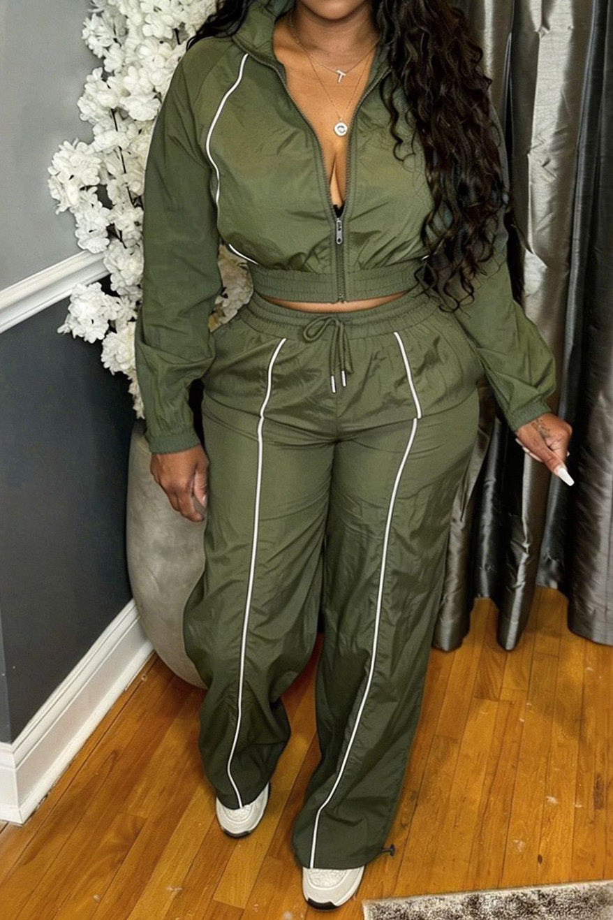 Zip-Front Piped Top & Wide-Leg Pants Set