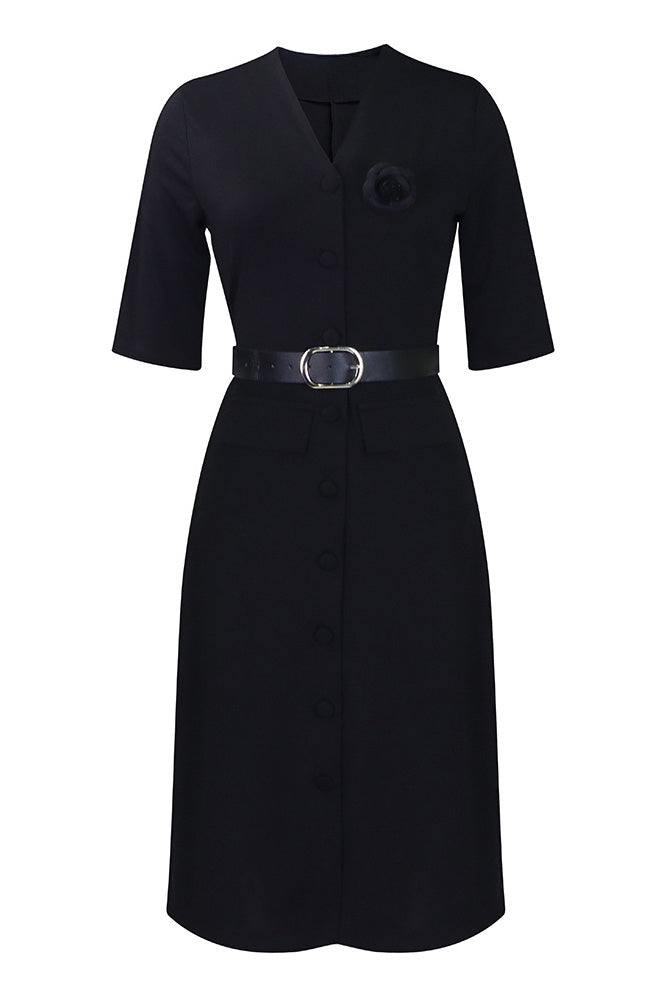 V-Neck Button Front Solid Color Midi Dress