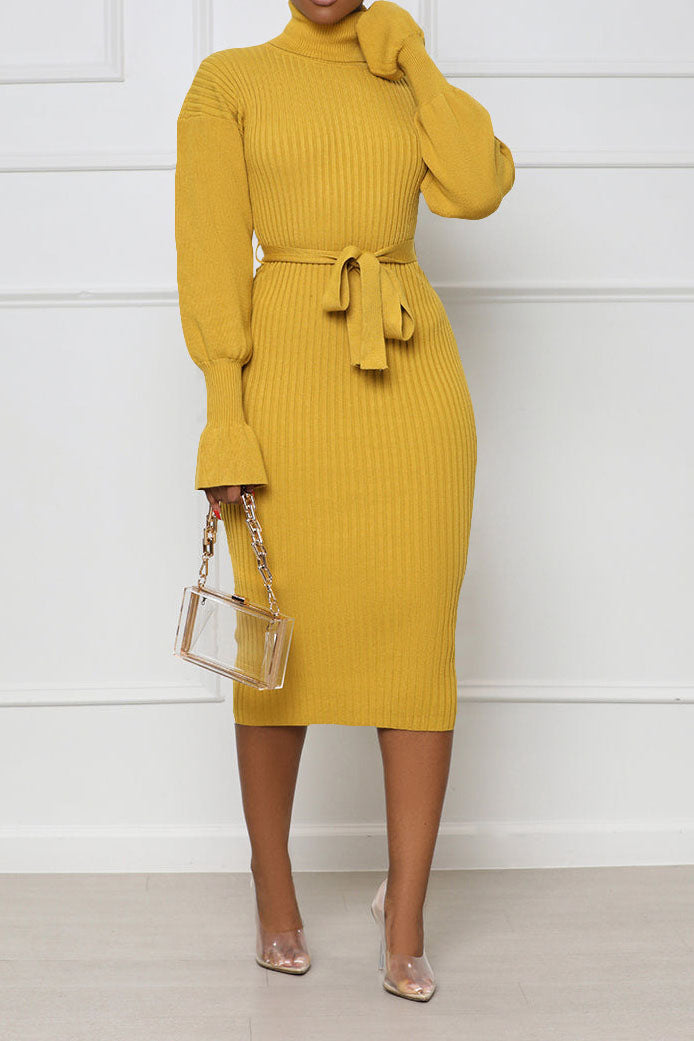 Rib Knit Tie Waist Midi Dress