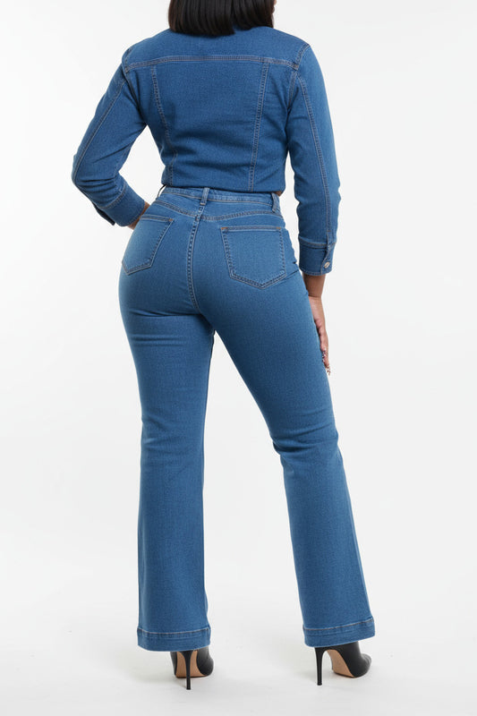 Washed Stretch Denim Utility Jumpsuit