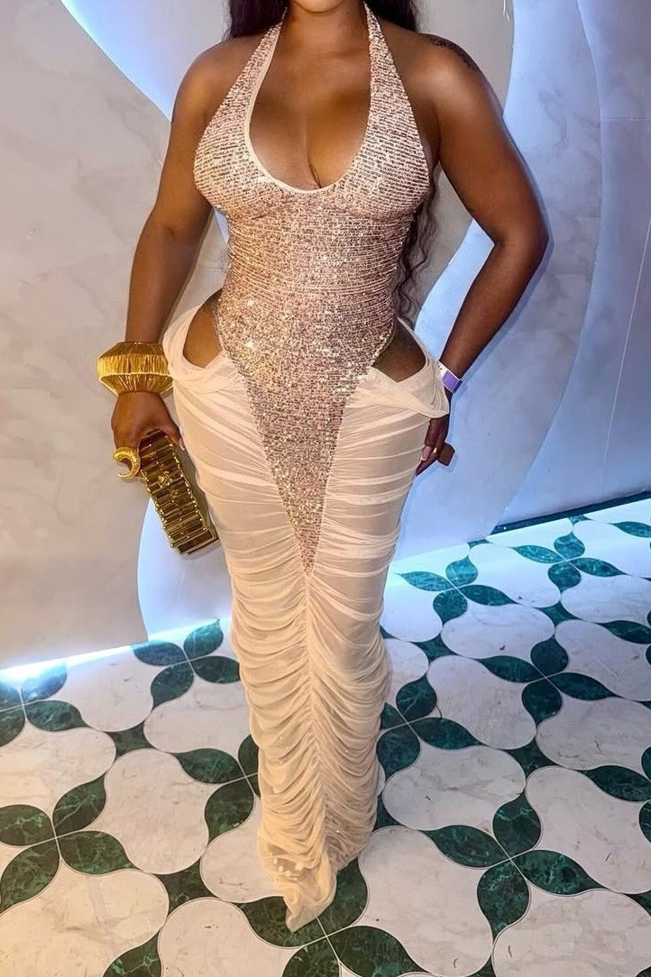 Sequin Halter Slit Mesh Pleated Maxi Dress