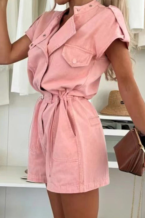 Cap Sleeve Drawstring Denim Utility Romper